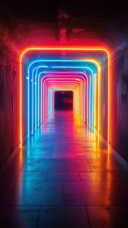 A stunning neon tunnel features rows of brightly colored lights in hues of pink, blue, and orange. The smooth floor reflects the intense colors, creating an otherworldly atmosphere.の素材