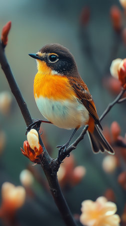 A vibrant bird with orange and brown plumage is perched on a branch, surrounded by delicately blooming flowers in a tranquil spring setting.の素材