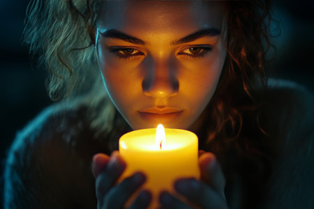A woman with curly hair holds a lit candle close, her face illuminated by its warm glow. The atmosphere is intimate, evoking a sense of reflection and serenity in the evening.の素材