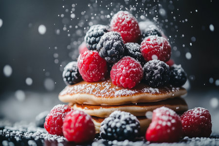 Stack of fluffy pancakes garnished with fresh raspberries and blueberries, dusted with powdered sugar, sits on a white surface, showing a delicious breakfast treat.の素材