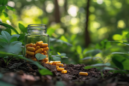 A dark bottle filled with capsules rests on black pebbles, surrounded by vibrant green plants in a peaceful forest. The natural light highlights the healthy ambiance.の素材