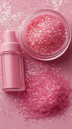 Bright pink glitter fills a small bowl and a jar, set against a shimmering pink surface, creating a vibrant and cheerful atmosphere perfect for arts and crafts.の素材