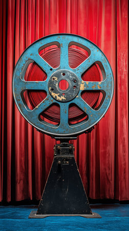 A classic film reel is prominently displayed in front of rich red velvet curtains, capturing the essence of vintage cinema at an evening film event in a historic venue.の素材