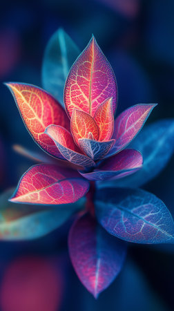 A tropical plant showcases its vibrant orange and blue leaves. The colors create a stunning contrast against a dark background, emphasizing the plants unique beauty.の素材