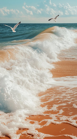Gentle waves crash onto a sandy beach, creating foam as seagulls fly above. The sun rises, casting a warm glow over the tranquil ocean, creating a serene morning atmosphere.の素材