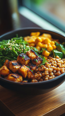 A colorful bowl filled with grilled tofu, chickpeas, fresh greens, and corn sits on a wooden table by a window, showing a nutritious meal at lunch.の素材