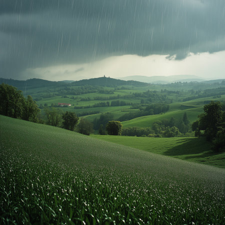 Dark clouds gather over rolling green hills while rain falls softly. The serene countryside is enriched by vibrant vegetation and distant hills, creating a peaceful scene.の素材