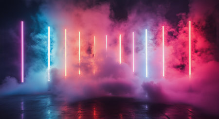 Vibrant vertical lights in shades of pink, blue, and purple illuminate a misty space, creating a dynamic atmosphere in a contemporary venue during an evening event.の素材