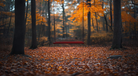 A red swing hangs quietly between trees in a peaceful forest filled with vibrant autumn leaves and warm light during sunset.の素材