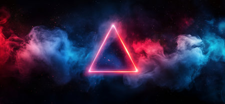A glowing neon triangle is centered amidst colorful swirling smoke in shades of blue and pink. The background is dark, enhancing the vibrant contrast of the shapes and colors.の素材