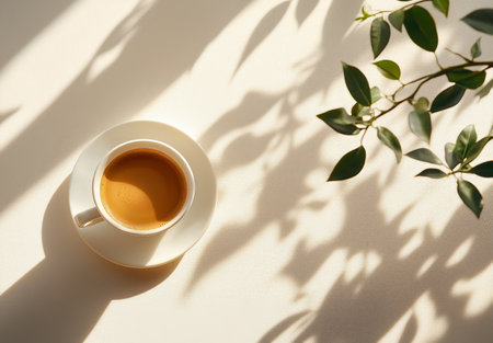 A warm cup of coffee sits on a light surface, surrounded by gentle shadows and green leaves, creating a calming atmosphere perfect for relaxation or reflection.の素材