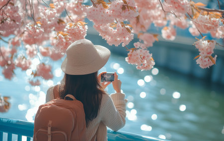 A woman with a backpack takes a picture of vibrant cherry blossoms over the water. Sunlight reflects on the surface, creating a sparkling effect amidst the pink blooms.の素材