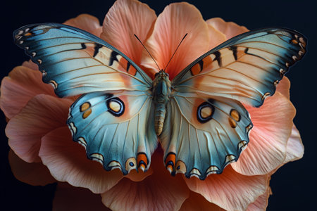 A vibrant butterfly with blue and orange patterns rests on a delicate peach flower, showing natures beauty in a serene moment of daylight.の素材