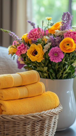 Soft yellow towels are neatly stacked beside a beautiful bouquet filled with colorful flowers, set in a bright and inviting indoor space with sunlight streaming in.の素材
