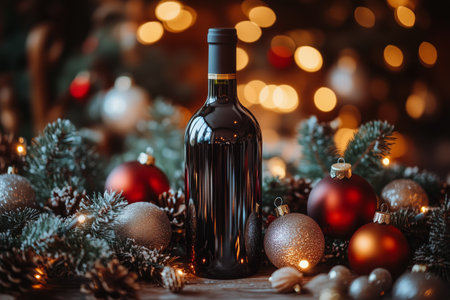 A red wine bottle is centrally placed among sparkling ornaments, pine cones, and greenery on a wooden backdrop, creating a cozy, festive atmosphere for celebrations.の素材