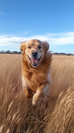 A golden retriever runs happily through a field of tall grass, with a bright blue sky in the background, showing its playful spirit and vibrant energy.の素材
