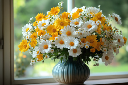 A vibrant arrangement of yellow and white daisies fills a vase on a wooden table inside a cozy room. The flowers bring a cheerful ambiance to the space during daytime.の素材