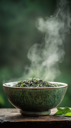 A bowl filled with loose green tea leaves emits steam, creating a tranquil atmosphere in a natural outdoor location, inviting relaxation and mindfulness.の素材