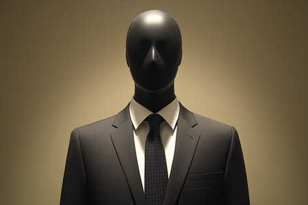 A modern mannequin in a gray suit and a patterned tie stands in a retail space, showcasing formal attire under bright lights in the daytime.の素材