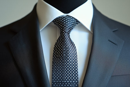 A modern mannequin in a gray suit and a patterned tie stands in a retail space, showcasing formal attire under bright lights in the daytime.の素材