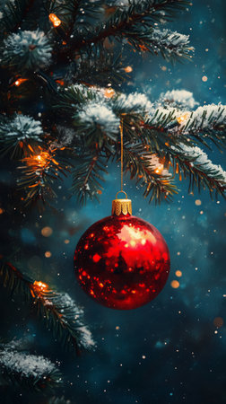 A vibrant red ornament dangles from a snow-covered tree branch. Soft glowing lights twinkle, creating a cozy winter atmosphere filled with holiday spirit.の素材