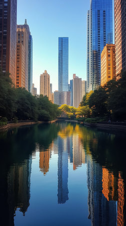 Skyscrapers rise above a tranquil body of water, with their reflections creating a stunning visual at sunset. Lush trees frame the peaceful atmosphere in an urban park.の素材