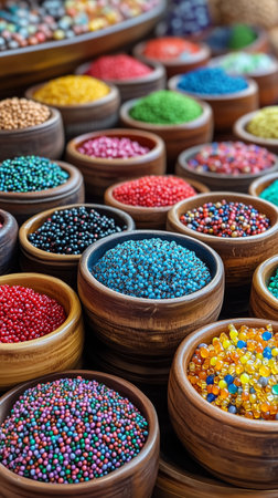 Various bowls filled with vibrant decorative beads create a visually appealing display, perfect for crafting and design activities. The multitude of colors enhances creativity.の素材