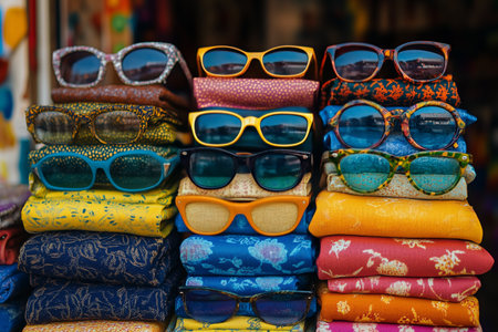 Brightly colored sunglasses are neatly arranged on fabric at a market. The sunny display features various styles and vibrant patterns, attracting shoppers to explore.の素材