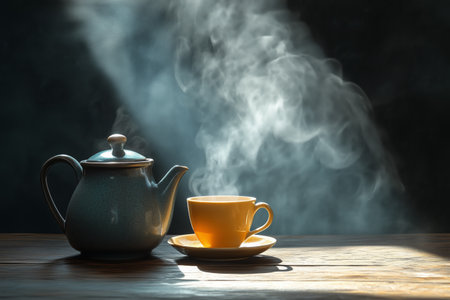A white teapot is pouring steaming tea into a cup on a wooden table. The warm glow from the cup enhances the cozy atmosphere during a peaceful morning.の素材