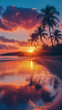 Warm hues fill the sky as the sun sets over the ocean. Silhouettes of palm trees frame the shore as soft waves lap against the golden sand. A serene moment by the water unfolds.の素材