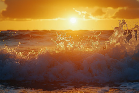 Waves crash against the shore as the sun sets, creating a breathtaking glow on the waters surface, illuminating the evening sky with vibrant colors.の素材