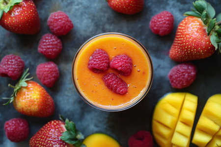 A vibrant smoothie made with mango and topped with fresh raspberries sits in a glass, surrounded by strawberries and raspberries on a dark surface.の素材