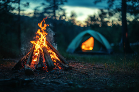A warm campfire crackles surrounded by rocks in a peaceful forest at dusk. A green tent stands nearby, reflecting the serene mood of nature at twilight by the water.の素材
