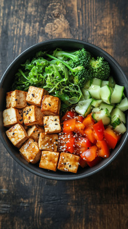A vibrant bowl filled with fresh greens, diced tomatoes, cucumber slices, and cubed tofu garnished with sesame seeds. It is placed on a rustic wooden surface.の素材