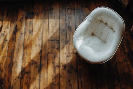 Bright rays of sunlight filter through large windows, casting shadows on a smooth wooden floor. A stylish white chair sits invitingly, adding elegance to the space.の素材
