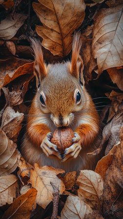 A squirrel sits on a bed of orange and brown leaves, carefully holding an acorn in its paws. The tranquil setting captures the essence of a peaceful autumn day.の素材