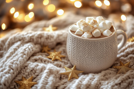 A warm cup of hot chocolate topped with fluffy marshmallows sits on a knitted blanket surrounded by sparkling decorations, creating a cozy winter atmosphere.の素材