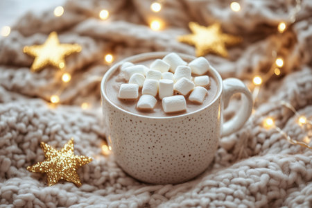 A warm cup of hot chocolate topped with fluffy marshmallows sits on a knitted blanket surrounded by sparkling decorations, creating a cozy winter atmosphere.の素材
