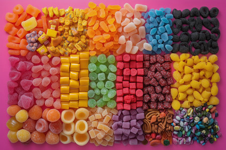 A vibrant display of gummy candies in various shapes and colors is arranged on a pink background. The assortment includes round, square, and chewy types, inviting a sweet treat.の素材