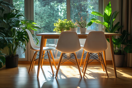 Sunlight streams through large windows illuminating a dining area filled with various green plants. A wooden table with white chairs invites relaxation and comfort.の素材