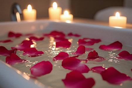 A tranquil bubble bath filled with rose petals and glowing candles provides a peaceful escape for relaxation and rejuvenation. Soft light enhances the serene ambiance.の素材