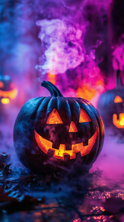 Carved pumpkins with glowing faces are arranged in a mystical setting filled with purple fog, creating an eerie atmosphere perfect for Halloween festivities at night.の素材