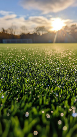 Dewdrops glisten on the lush artificial grass in a quiet park during the golden hour, creating a serene atmosphere for evening activities.の素材