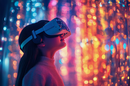 In a dimly lit room, a young woman enjoys virtual reality technology while surrounded by colorful lights. Her expression reflects curiosity and immersion in this digital experience.の素材