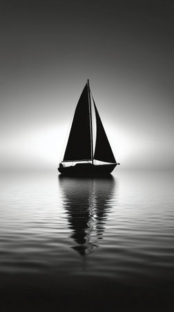 A sailing boat with dark sails moves silently through calm waters at dusk, reflecting the tranquility of the evening as birds soar above, creating a peaceful atmosphere.の素材