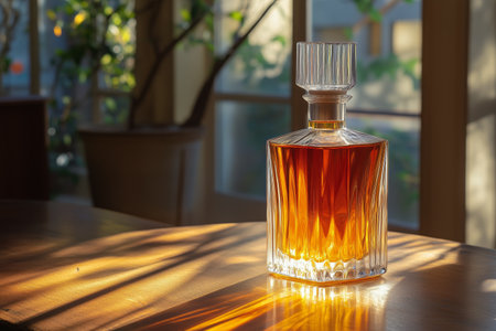 Golden liquid sits in an elegant glass bottle on a rustic wooden table, illuminated by soft sunlight streaming through a window, casting gentle shadows.の素材