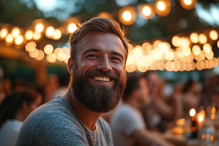 A cheerful man with a beard smiles at the camera during an outdoor dinner gathering. Guests enjoy each others company under glowing lights as twilight sets in.の素材