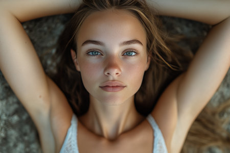 A young woman with long curly hair stands with her arms raised against a blue wall. She exudes confidence while enjoying the warmth of a sunny day.の素材