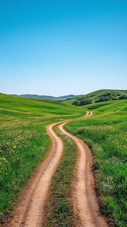 A winding dirt road stretches through vibrant green fields dotted with wildflowers. The clear blue sky enhances the peaceful rural atmosphere, inviting exploration and adventure.の素材