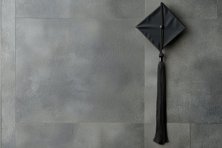 A graduation cap is prominently displayed on a textured concrete wall, symbolizing achievement and academic success in a modern, minimalistic aesthetic.の素材